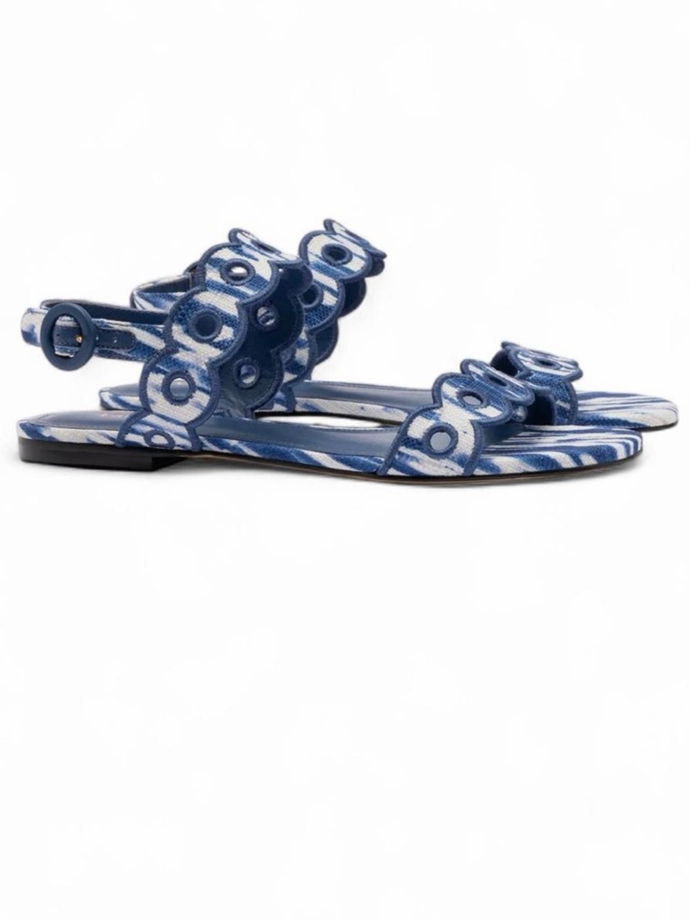 Larroude Florence Broderie Raffia Flat Sandals Navy 7.5 NWT